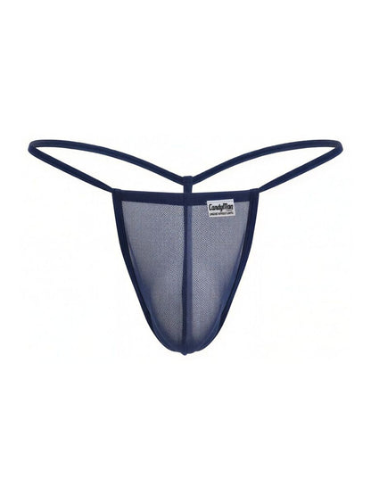 Navy blue mesh thong g-string with thin elastic straps and a small CandyMan brand tag visible in front view