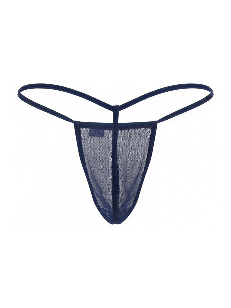 Navy blue mesh thong with thin elastic straps shown from the back in the Candyman 9586 g-string style