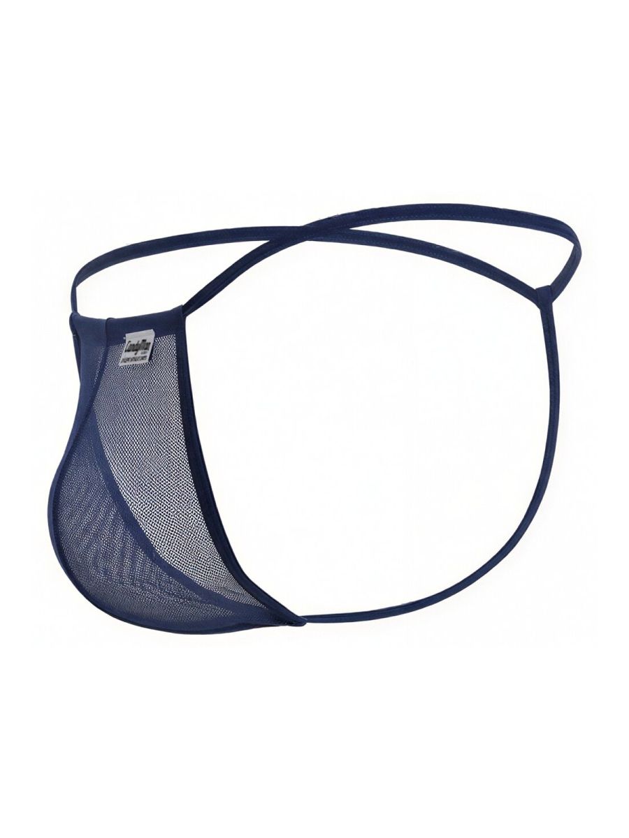 CandyMan 9586 navy blue mesh thong g-string with thin elastic straps shown from the back side