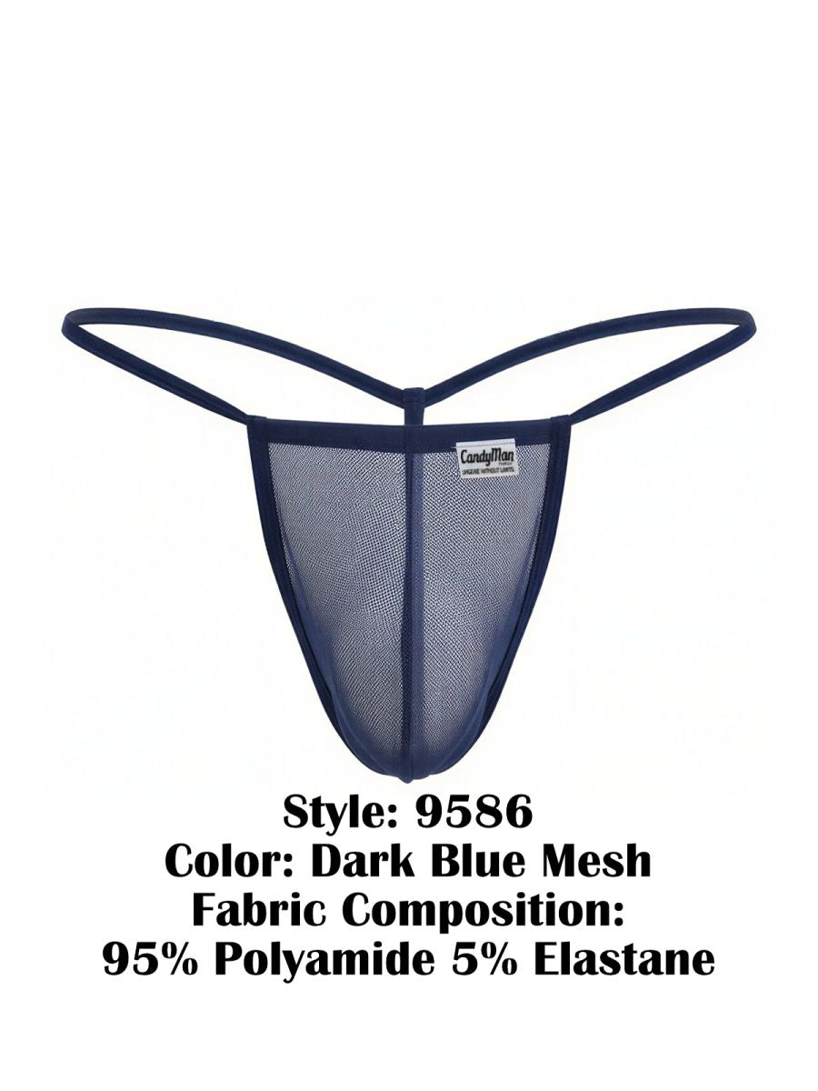 Dark blue mesh thong g-string by CandyMan with thin supportive straps and branded label at the center front