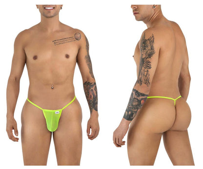 Neon green mesh thong g-string with small white brand tag front candyMan 9586 in hot green color