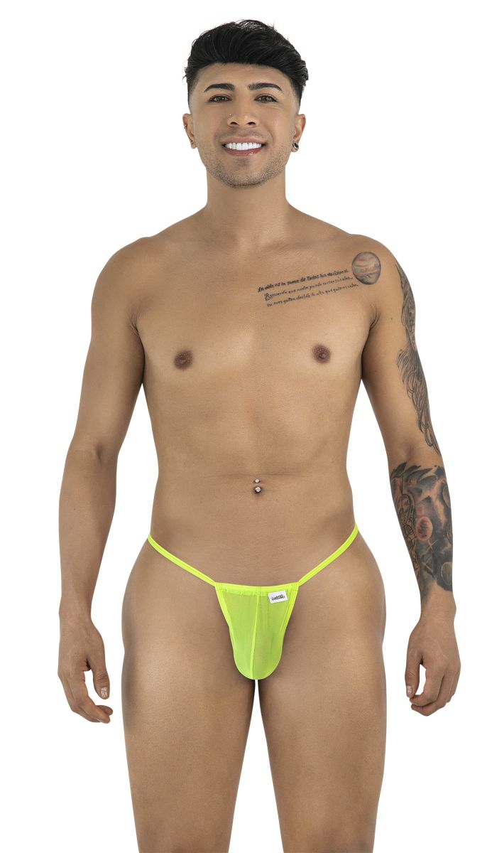 Bright neon green mesh thong candyMan 9586 g-string with small white brand tag on the side