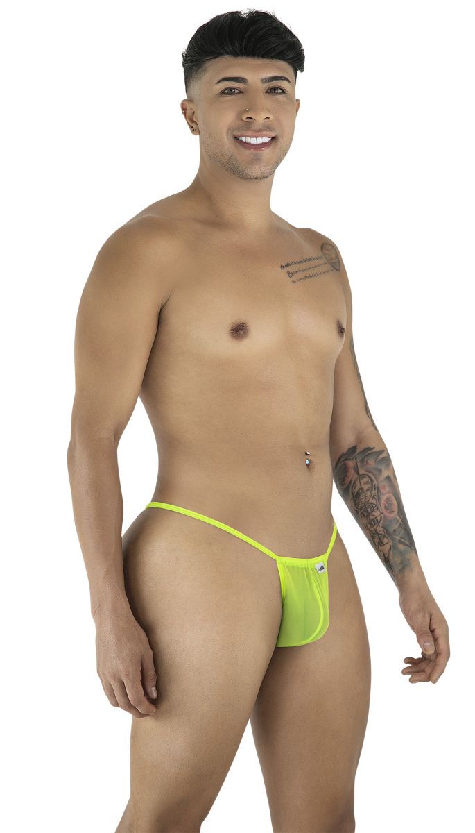 Bright neon green mesh CandyMan 9586 g-string thong with small white logo on the side shown from the back side