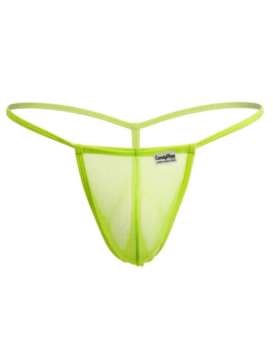 Neon green mesh thong g-string from candy man featuring breathable mesh fabric in hot green color