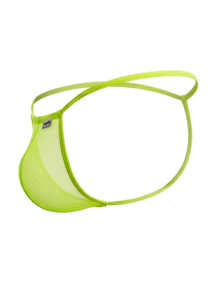 Bright neon green CandyMan 9586 sheer mesh thong with thin elastic band shown from the back side