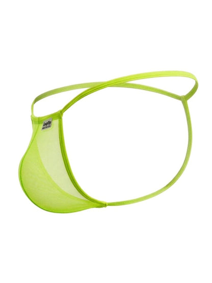 Bright neon green CandyMan 9586 sheer mesh thong with thin elastic band shown from the back side