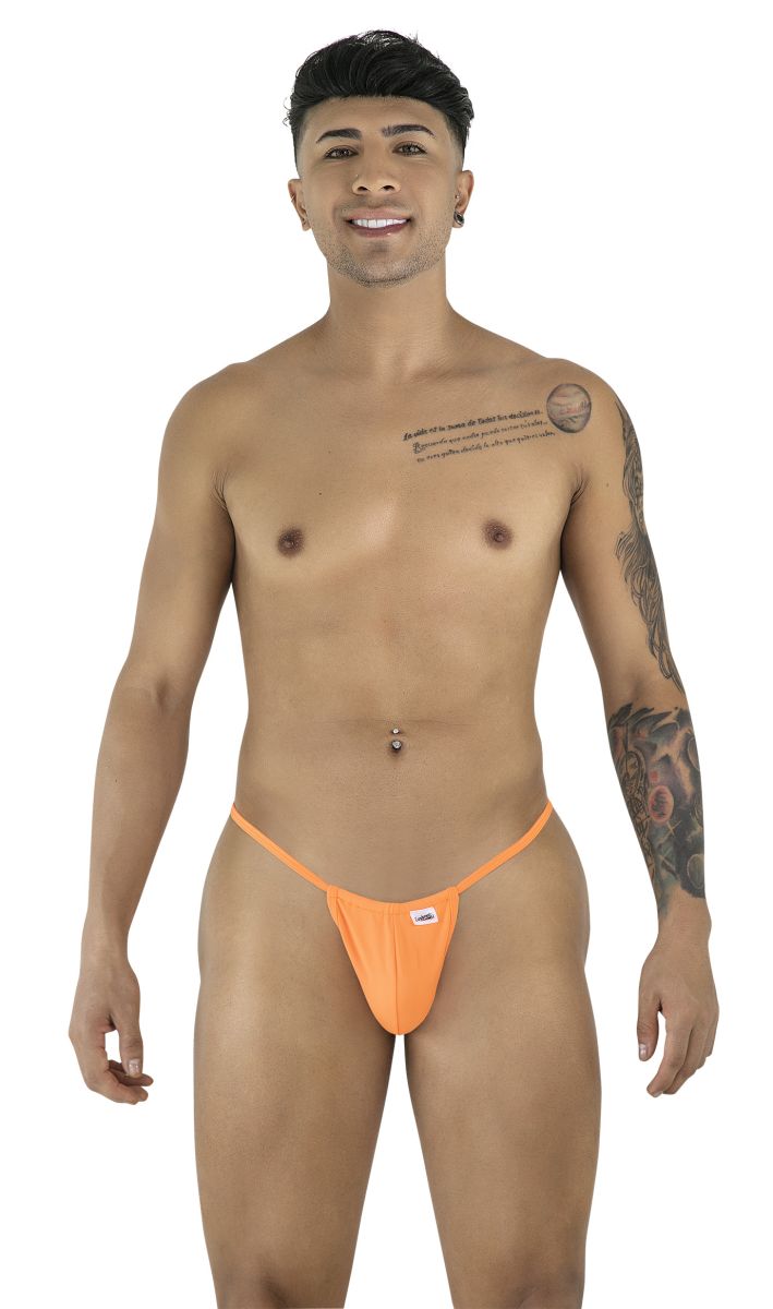 Bright orange CandyMan 9586 g-string thong with a small white brand tag on the front made of stretch fabric