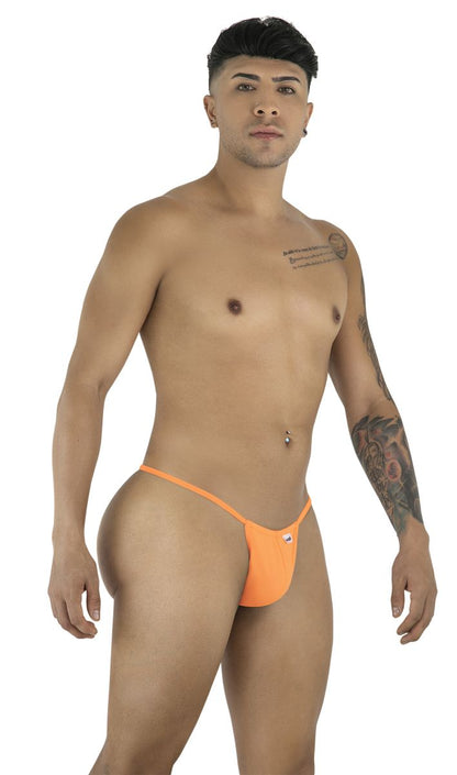 Bright orange CandyMan 9586 G-string thong with a small white logo on the front for bold underwear style