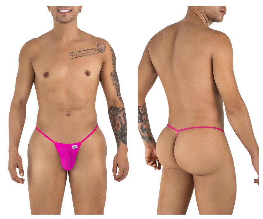 Bright pink CandyMan 9586 g-string thong made of magenta mesh with a small white brand tag at the front