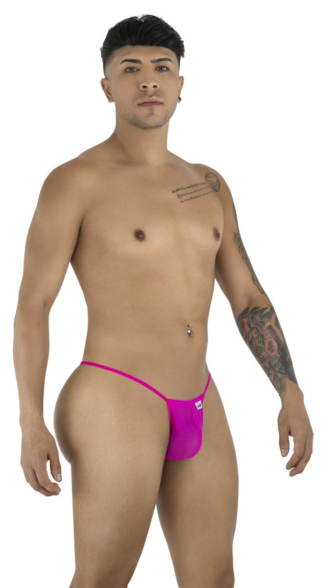 Vibrant fuchsia candyMan 9586 g-string thong with snug fit magenta mesh and small white logo on front