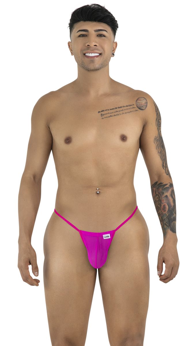 Bright pink candyMan 9586 magenta thong with form-fitting design and small white brand tag at center front