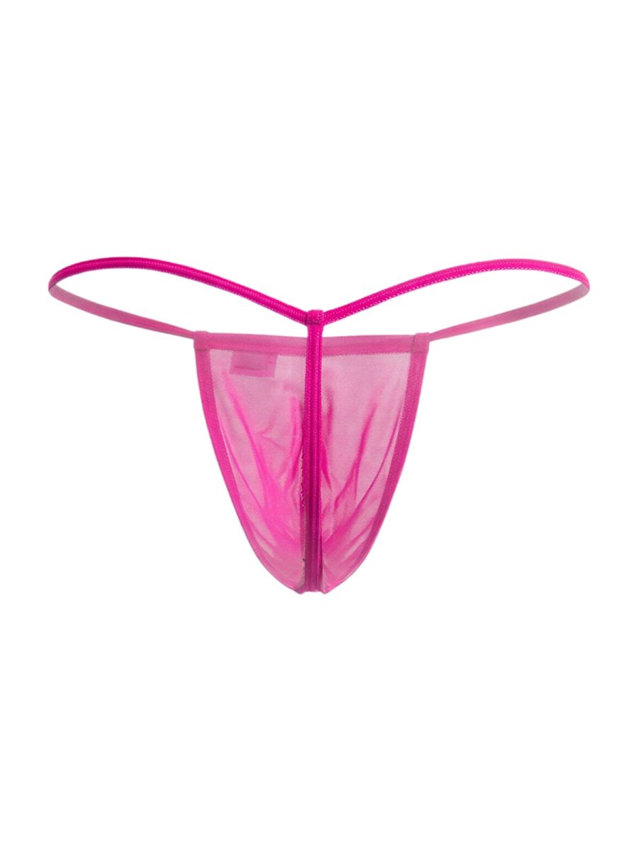 A vibrant magenta candyMan 9586 g-string thong made of sheer mesh with a central zipper and thin elastic straps
