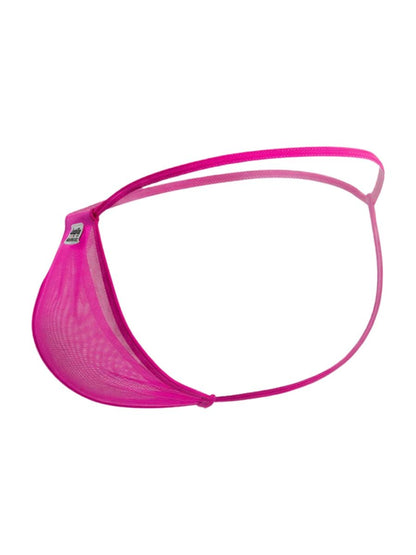 A vibrant magenta candyMan 9586 g-string thong with pink mesh, sleek design, and thin elastic straps shown from the back