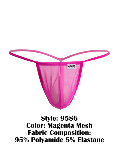 Magenta candyMan 9586 g-string thong with sheer stretchy mesh fabric and thin elastic bands shown from the back