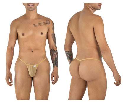 Beige CandyMan 9586 G-string with thin elastic waistband and small white brand tag in mocca mesh material