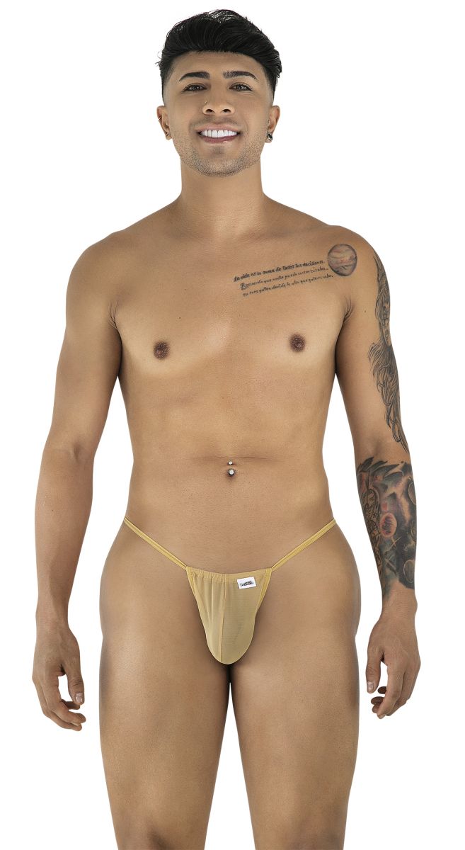 Tan mesh thong g-string with a small white label on the front from candyman 9586 mocca mesh collection