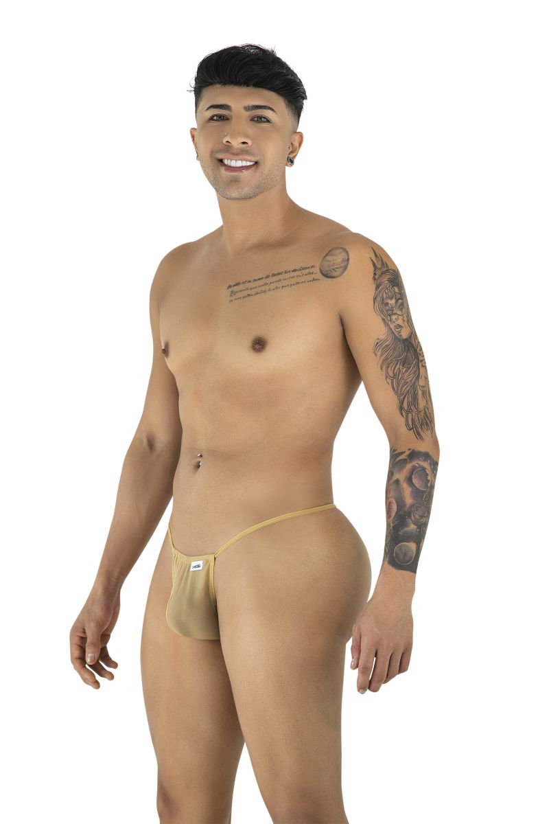 Beige mocca mesh thong with a small blue and white candyman brand tag on the side visible from the back