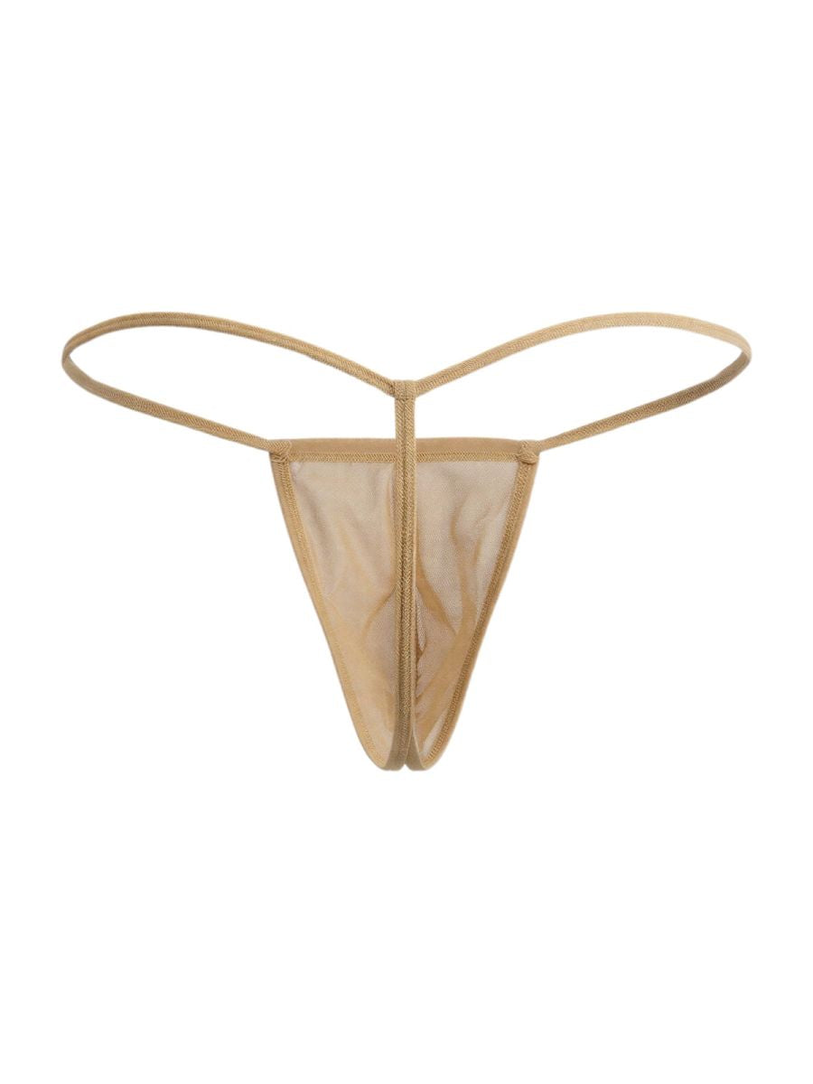 Beige mocca mesh thong with central zipper and thin elastic straps from candyman 9586 g-string collection