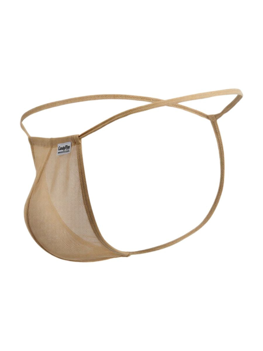 Beige mesh CandyMan 9586 g-string thong with thin adjustable straps and small brand tag shown from the back side