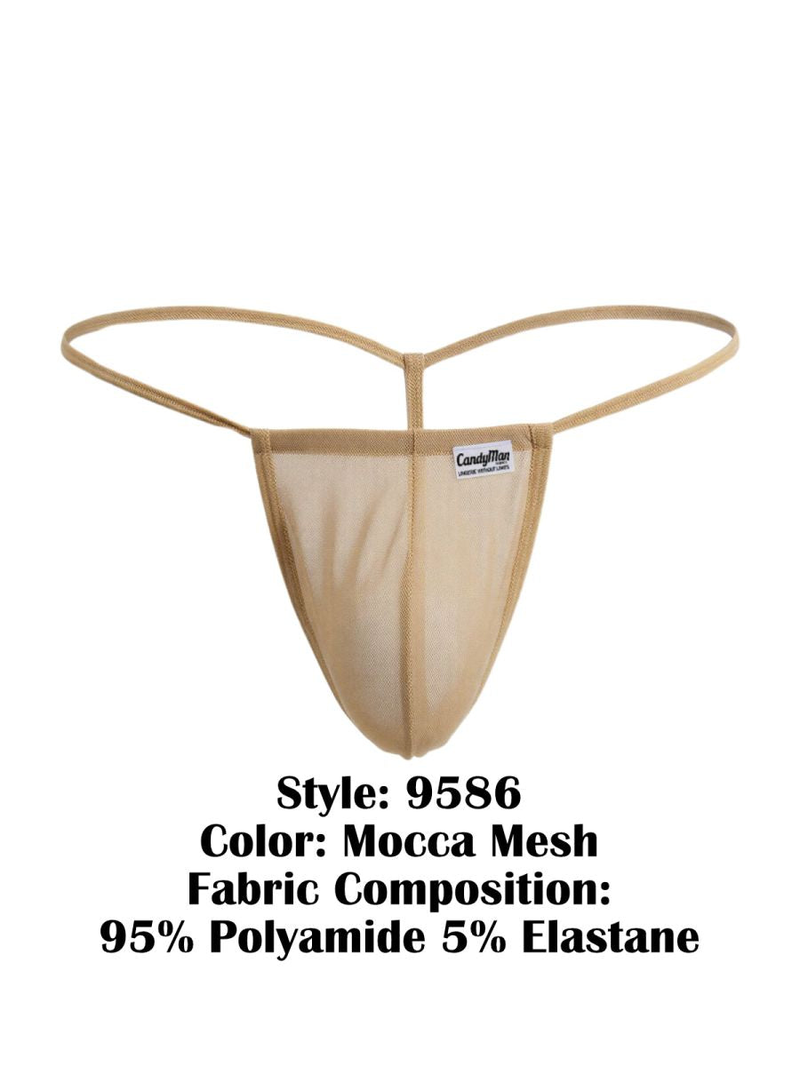 Beige CandyMan 9586 g-string mocca mesh thong with thin supportive straps and branded label on front side