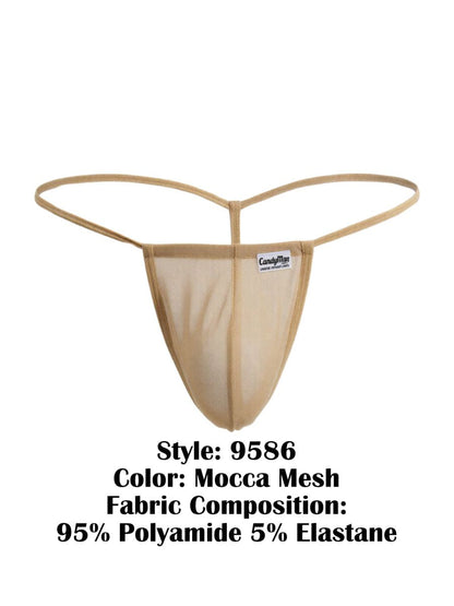 Beige CandyMan 9586 g-string mocca mesh thong with thin supportive straps and branded label on front side
