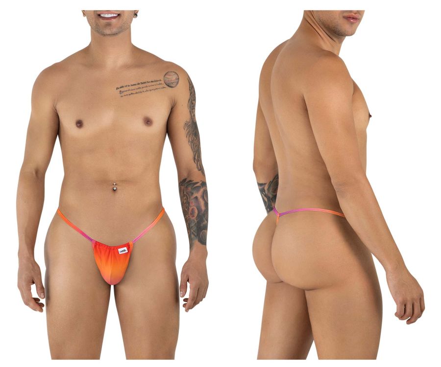 CandyMan 9586 g-string in vibrant orange and pink gradient thong with a small white logo on the front