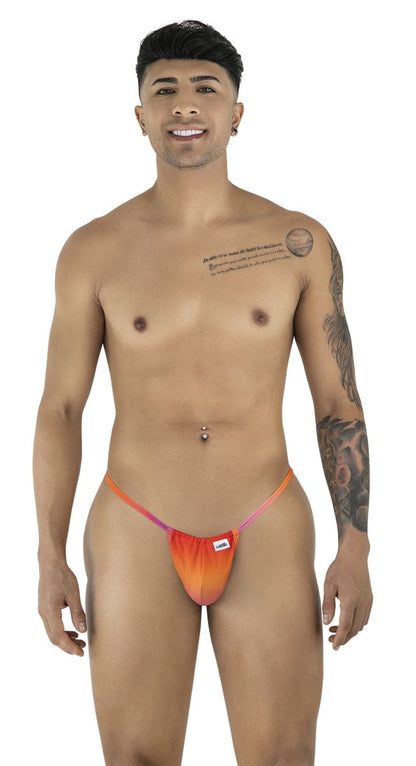 CandyMan 9586 g-string thong in orange and pink gradient fabric with a small white brand tag on the side