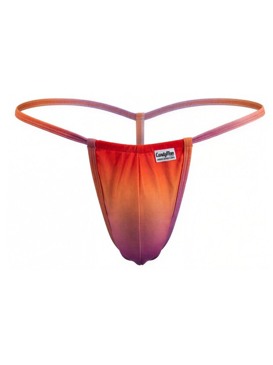CandyMan 9586 g-string in vibrant orange to purple gradient with sleek stretchy fabric design visible from back side
