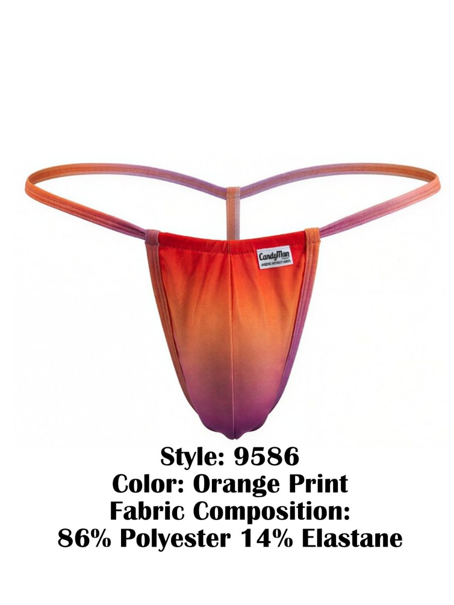 Vibrant orange to purple gradient candyMan 9586 g-string thong made of 86 polyester and 14 elastane with brand label