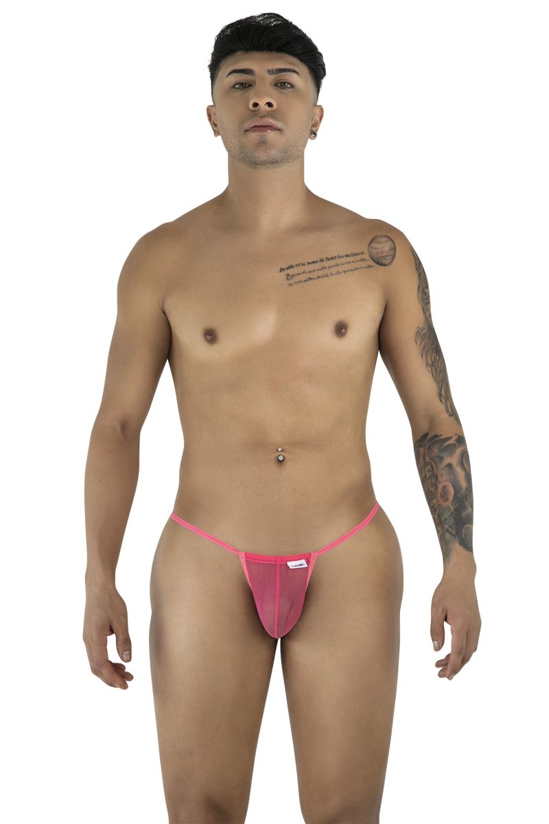 Pink mesh thong g-string candyMan 9586 with a small white label on the front for comfortable wear