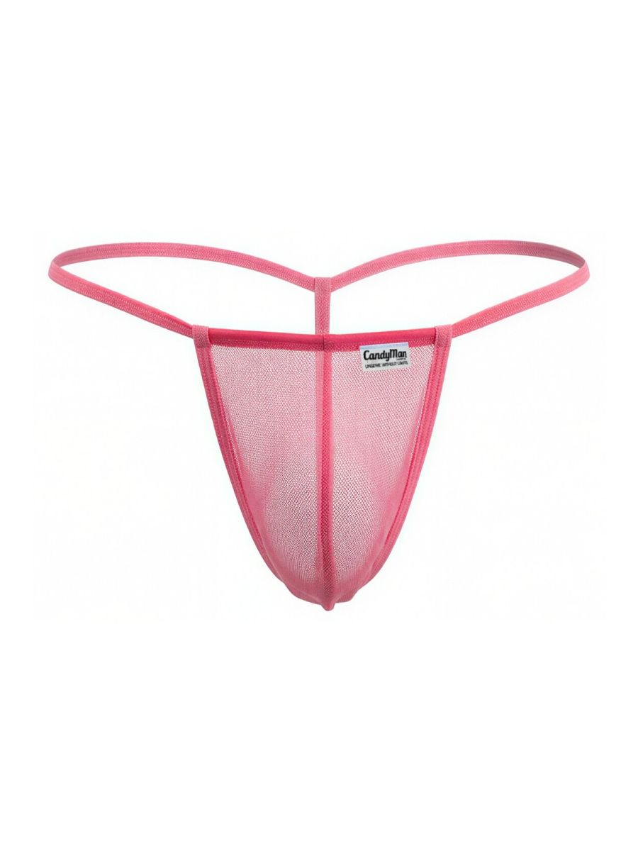 Pink mesh thong g-string candy man 9586 with branded label showcasing the front side of the product