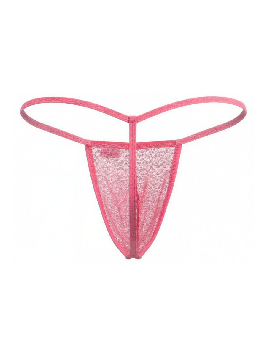 Pink mesh CandyMan 9586 G-string thong with central zipper and thin curved straps shown from the back side