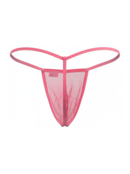 Pink mesh CandyMan 9586 G-string thong with central zipper and thin curved straps shown from the back side