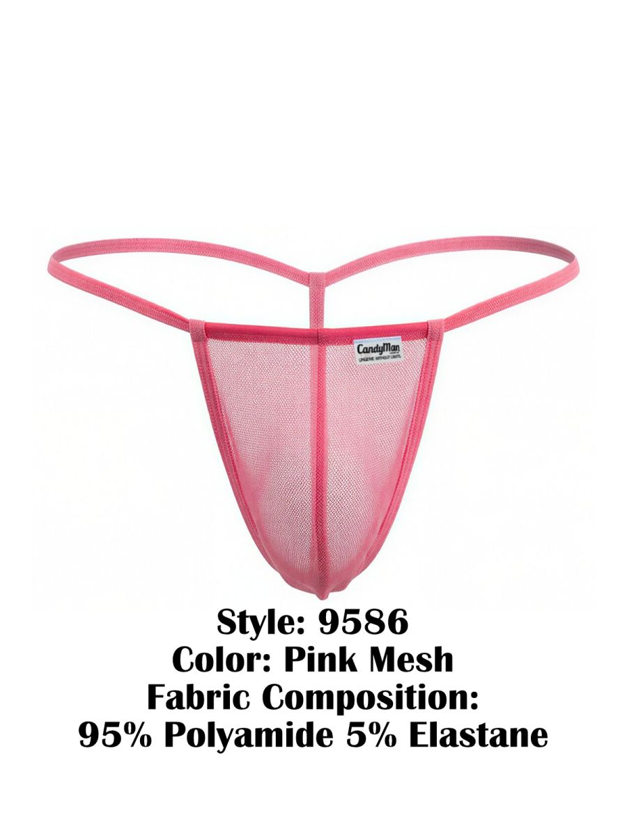 CandyMan 9586 pink mesh thong with supportive form-fitting design and thin elastic straps shown from the back side