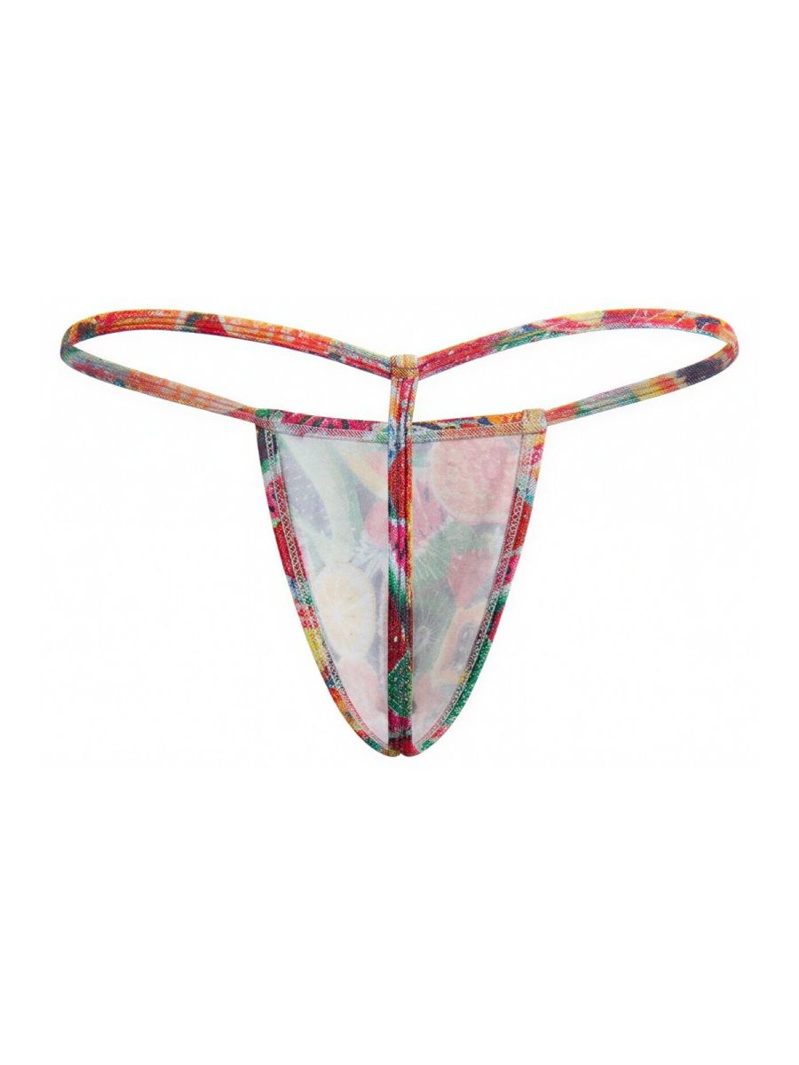 CandyMan 9586 g-string sheer floral thong with colorful print and vibrant red and green trim front view