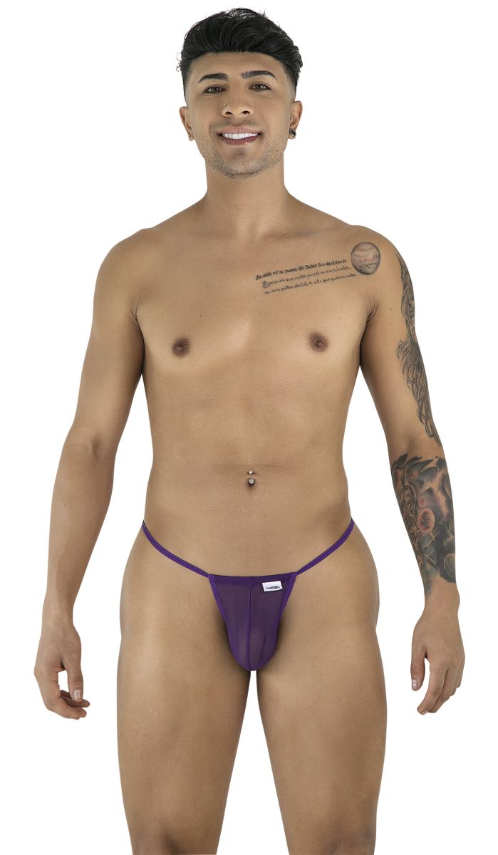 Purple mesh candy man 9586 g-string thong with small white brand tag on waistband shown from the back