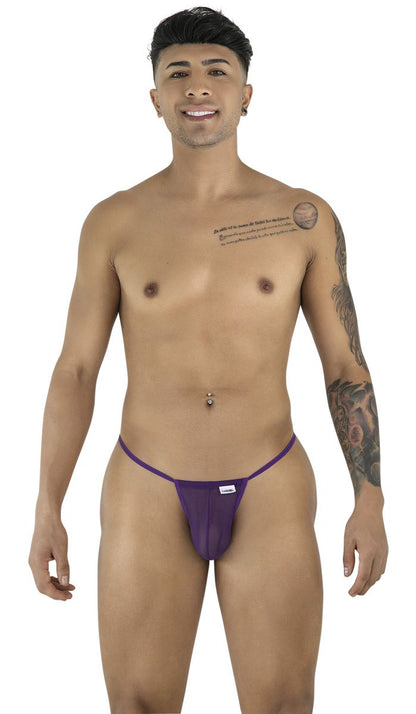 Purple mesh candy man 9586 g-string thong with small white brand tag on waistband shown from the back