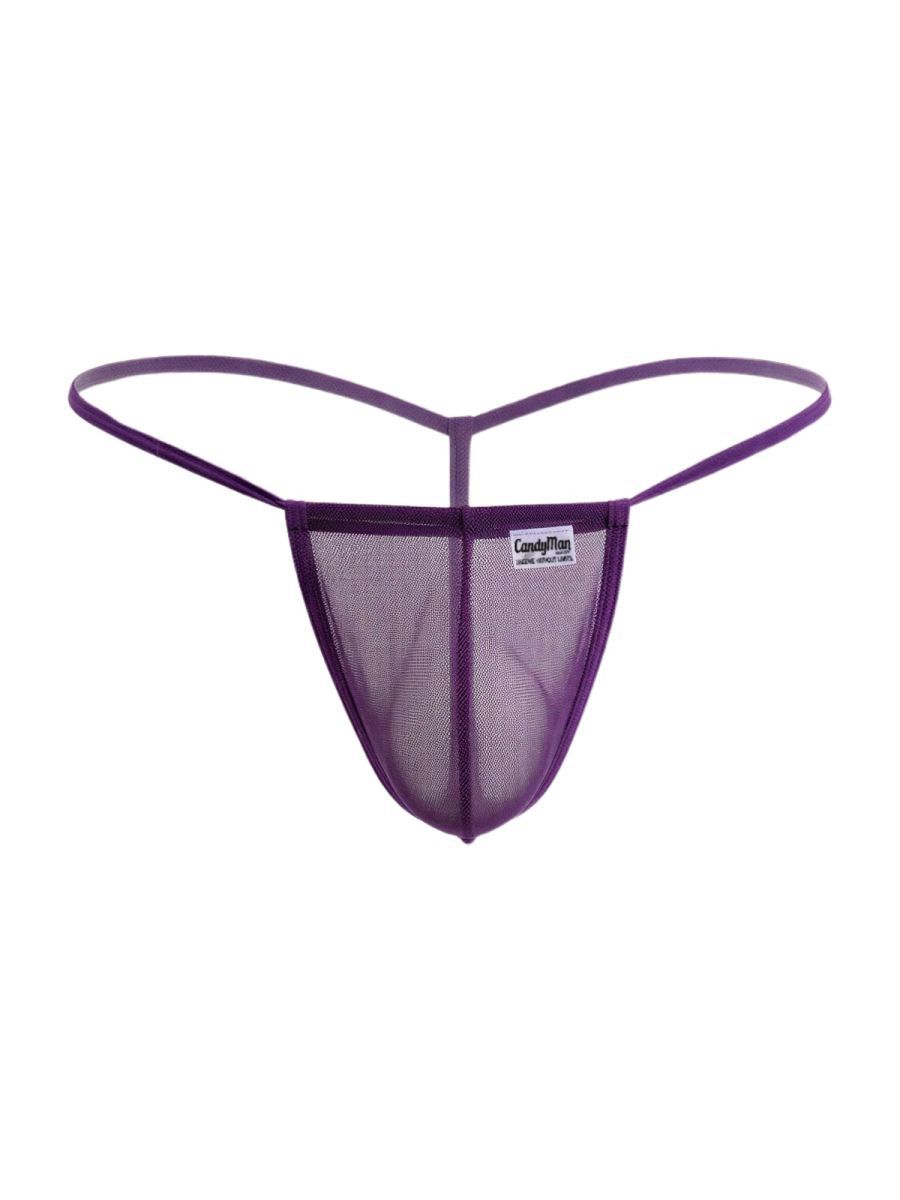Purple mesh thong g-string with thin elastic straps and branded label by candyman 9586 in back view