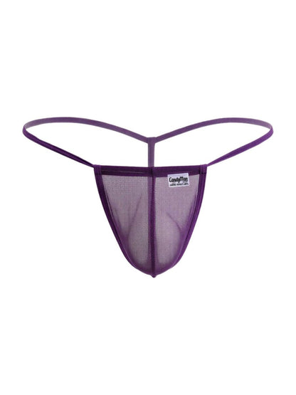 Purple mesh thong g-string with thin elastic straps and branded label by candyman 9586 in back view