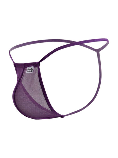 Purple mesh thong g-string with thin crisscrossing elastic straps and branded tag by candyman 9586