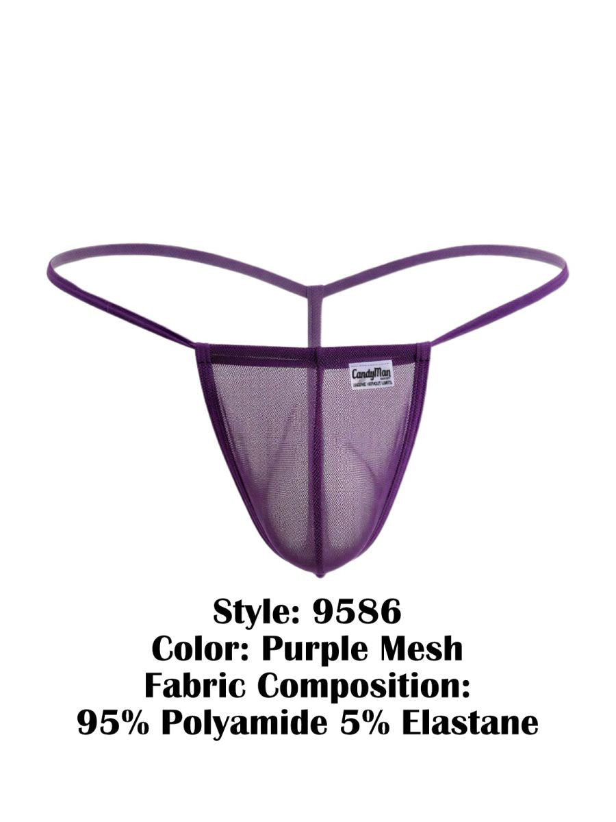Purple mesh thong candyMan 9586 g-string with thin elastic straps and branded label visible from the back side