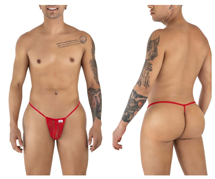 Red lace thong g-string with a small white label at the front from candyman 9586 collection