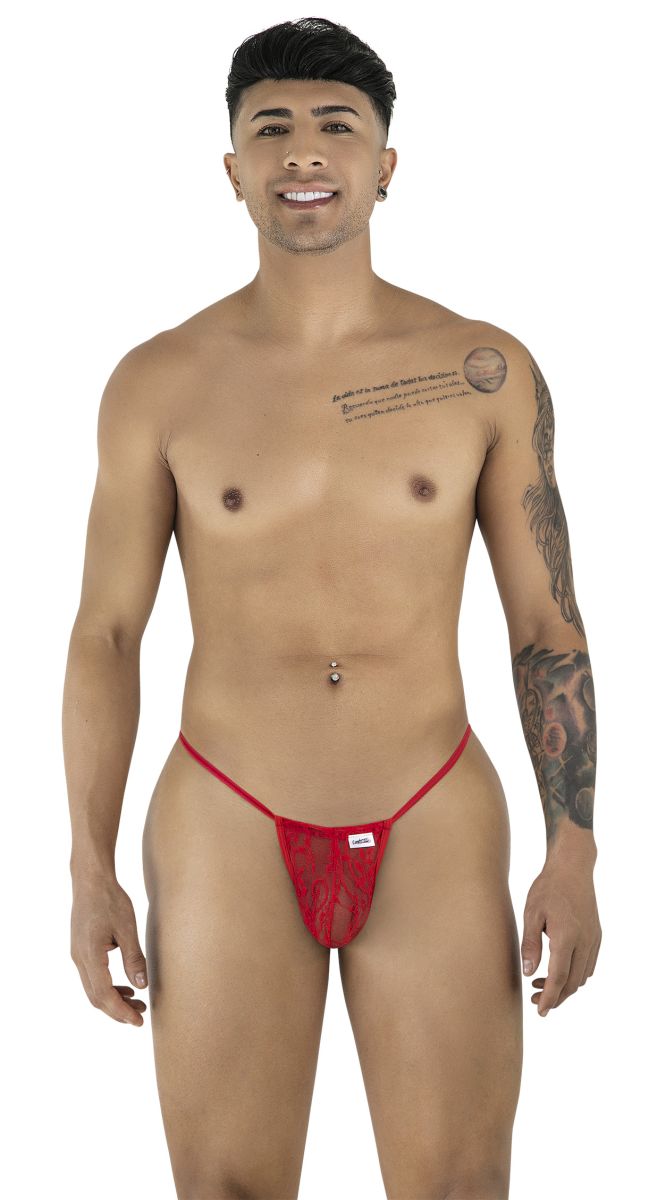 Red lace thong g-string by candyman featuring a small white label on the front