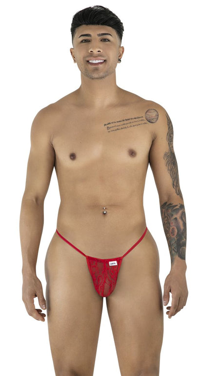 Red lace thong g-string by candyman featuring a small white label on the front