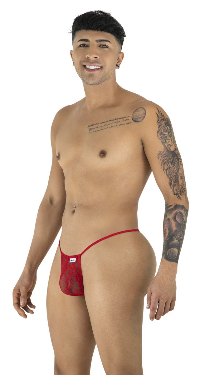 Red lace thong g-string candyMan 9586 with small white logo on front in vibrant red lace material