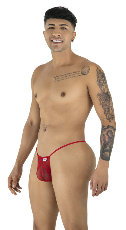 Red lace thong g-string candyMan 9586 with small white logo on front in vibrant red lace material