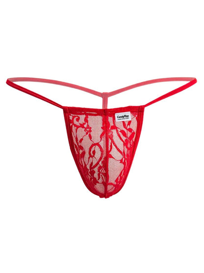Red lace thong g-string candyMan 9586 with intricate floral patterns and thin matching elastic band front view