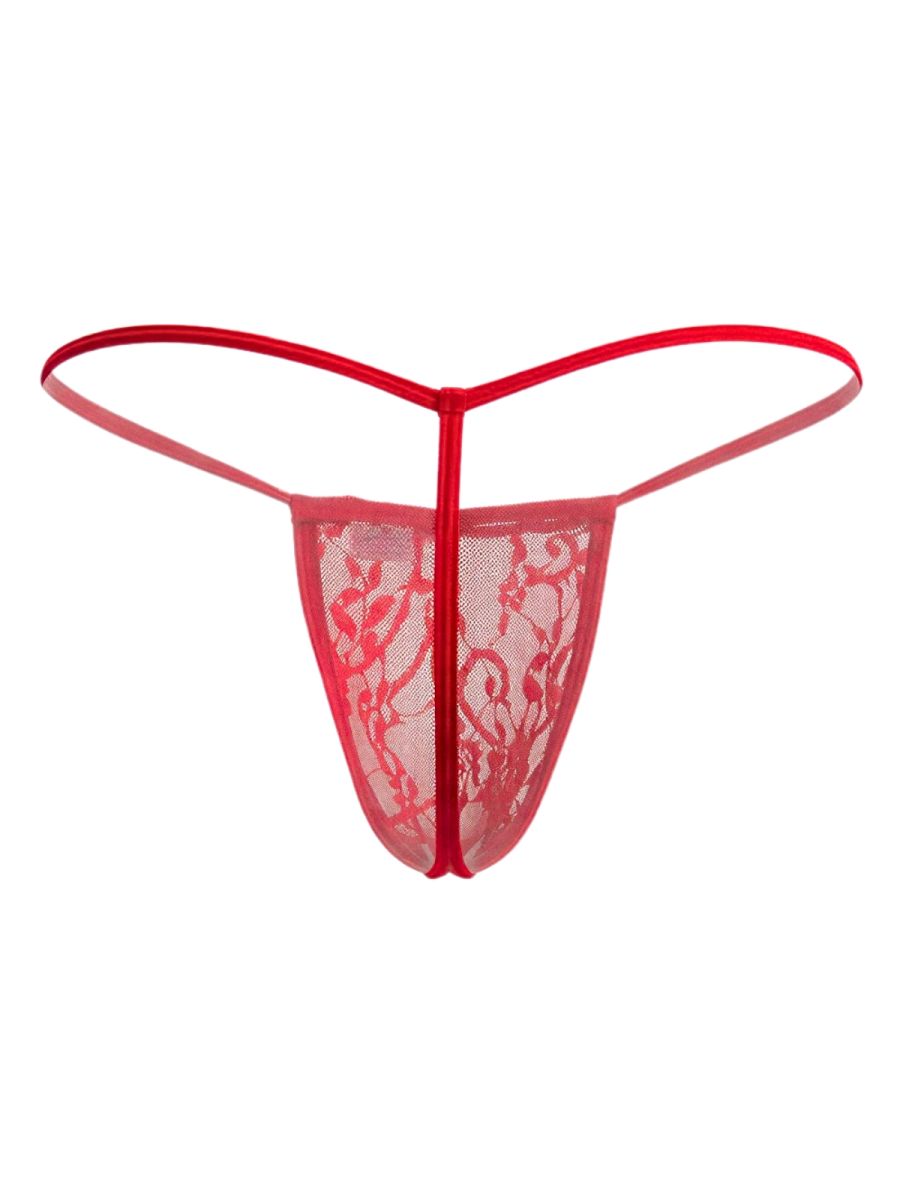 Red lace g-string by candyman featuring sheer mesh and delicate floral patterns in a vibrant red lace design