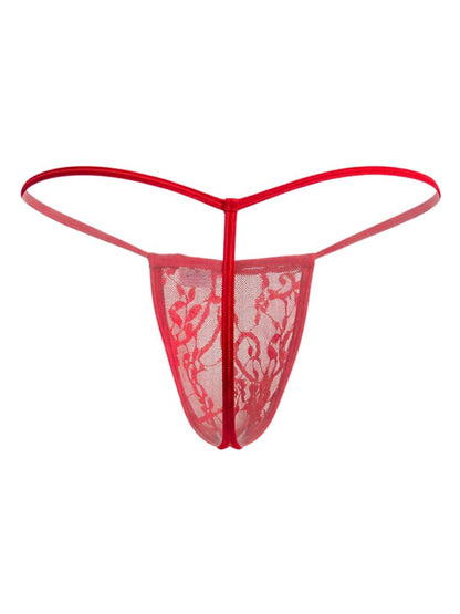 Red lace g-string by candyman featuring sheer mesh and delicate floral patterns in a vibrant red lace design