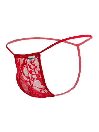 Red lace thong g-string candyman 9586 with delicate floral pattern and thin matching elastic straps in red